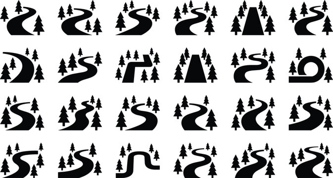 Winding road icon set forest highway curve path route landscape street black silhouette vectors