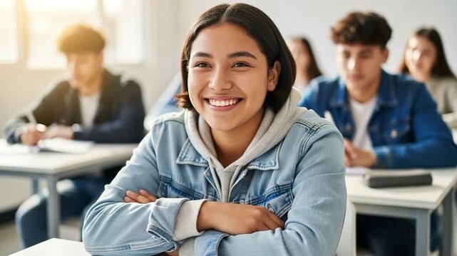 Happy young female student smiling in a classroom setting with classmates in the background
