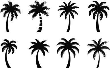 Fototapeta premium Set of eight black palm tree silhouettes