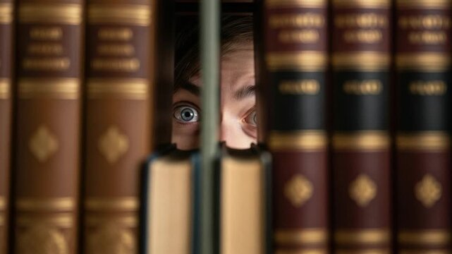 Young woman peeking through gap in library bookshelf with vintage leather books