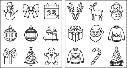 Christmas line icon set winter holiday celebration outline vectors santa tree reindeer snowman elements © AKTAR