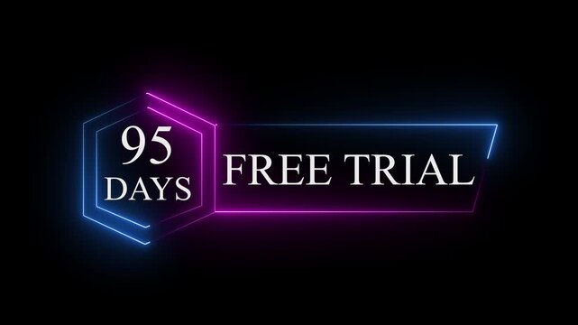 Neon glowing 95 Days Free Trial Banner text icon on black background. 95 days free trial label icon badge. Business products 95 days free trial offer video.