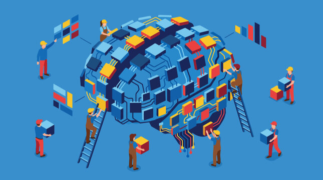 Abstract digital brain construction with tiny people and ladders.