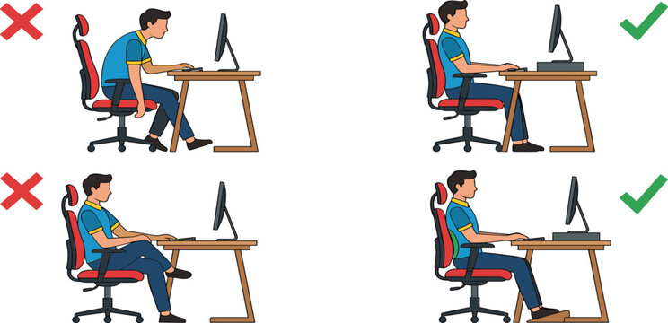 Ergonomic Sitting Posture Set with Right and Wrong Desk Work Positions Showing Good and Bad Spine Alignment Side View Vector Illustration