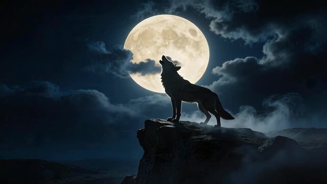 Lone wolf howling at the full moon on a rocky cliff