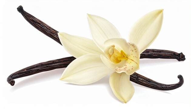 Fresh vanilla flower with pods, aromatic vanilla orchid, white petals, brown vanilla beans, natural spice, floral arrangement, close-up view