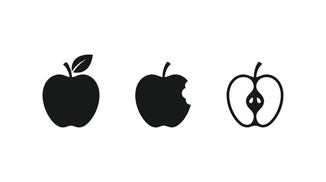 Apple silhouettes with leaf and bite mark on white background silhouette