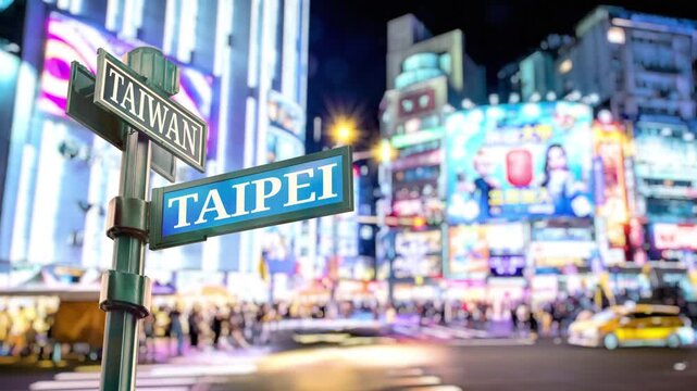 Taipei zebra crossing at Ximending. Selective focus of travel sign Taiwan and Taipei with real timelapse from raw photos. bustling street and zebra crossing with dazzling billboards and busy people.