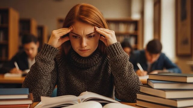 Stressed young female student studying in library with pile of books, academic pressure and exam preparation concept