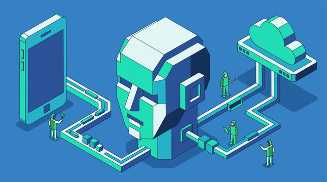 Artificial intelligence head connected to smartphone and cloud.