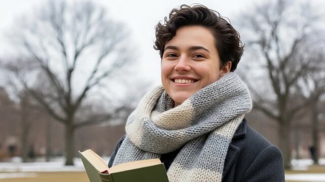 Young adult student reading a book outdoors in a park during winter wearing a cozy chunky knit scarf