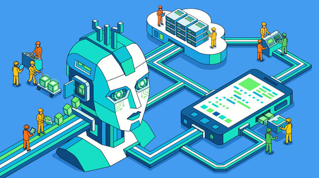 Artificial Intelligence Robot Head Connected to Smartphone and Cloud Storage.