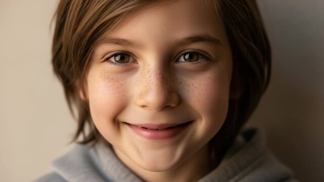 Portrait of a young boy with freckles and brown hair smiling in a grey hoodie, close up headshot