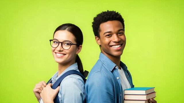 Happy Diverse Interracial College Students Standing Back to Back with Books and Backpack on Green Background