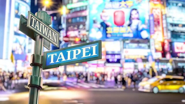 Taipei zebra crossing at Ximending. Selective focus of travel sign Taiwan and Taipei with real timelapse from raw photos. bustling street and zebra crossing with dazzling billboards and busy people.