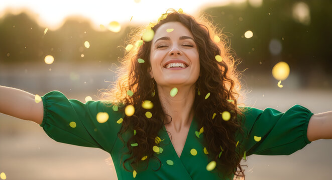 Happy young woman with curly hair dancing and laughing outdoors with golden confetti falling in the warm sunlight
