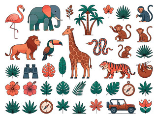 Fototapeta premium Safari Animal and Tropical Jungle Icon Set: Vector Illustrations of Wildlife, Exotic Plants, and Travel Gear including Lion, Elephant, Giraffe, and Tiger