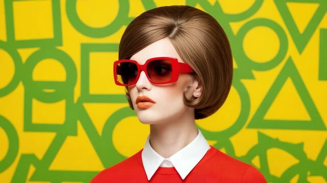 Young woman in 1960s mod fashion with red sunglasses and bouffant hair on pop art background