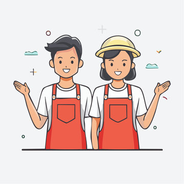 Friendly cartoon couple wearing red aprons and white t-shirts