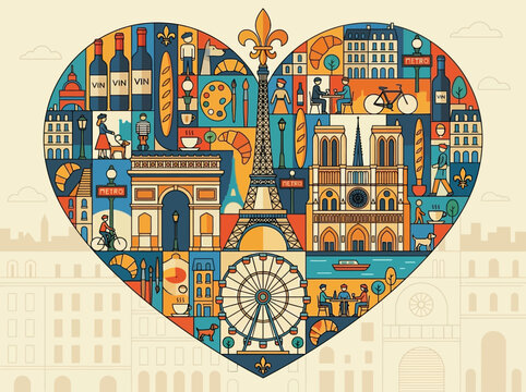 Artistic Heart-Shaped Collage of Paris Landmarks, Culture, and French Lifestyle featuring Eiffel Tower, Notre Dame, and Arc de Triomphe