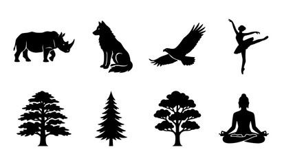 Minimal forest wildlife and human silhouette vector set with rhino wolf eagle ballerina and yoga icons © Jahangir