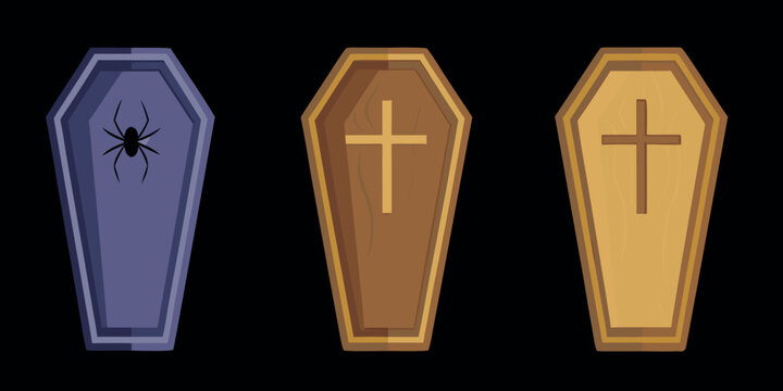Three stylized coffins with halloween decorations flat vector illustration