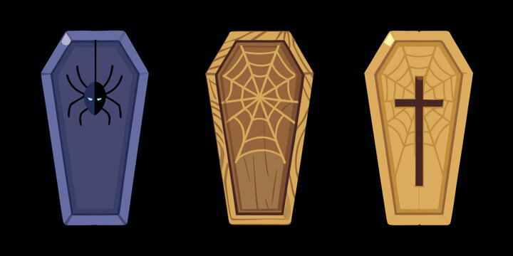 Three stylized coffins with halloween decorations vector illustration
