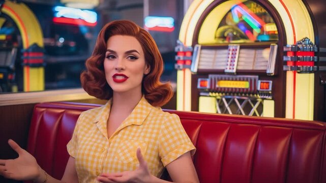 Redhead Woman in 1950s Rockabilly Pinup Style Sitting in a Retro Diner Booth with Jukebox