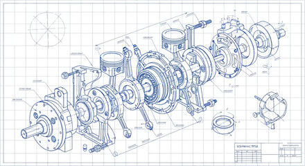Detailed blueprint of a complex mechanical engine assembly in exploded view. © Kancil