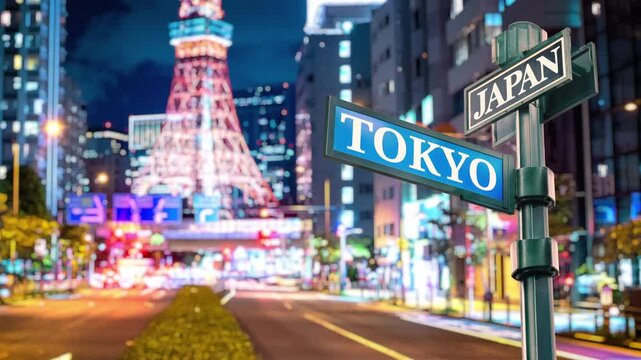 Japan city night timelapse with Tokyo Tower and busy traffic. Selective focus of travel sign Tokyo and Japan with real timelapse from raw photos. Busy street and zebra crossing with busy traffic.