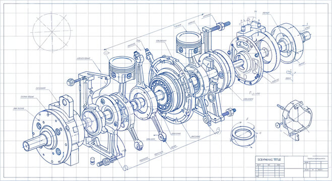 Detailed blueprint of a complex mechanical engine assembly in exploded view.