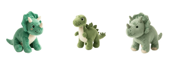 Friendly dinosaur plush trio in soothing green tones with spikes, frills and soft textures, encouraging imaginative prehistoric adventures, cozy cuddles and playful learning   © Emily