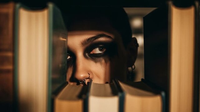 Young woman with dark grunge makeup peeking through books on a library shelf