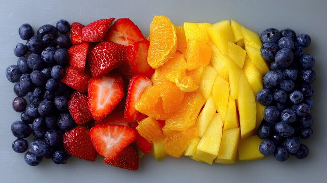 Colorful arrangement of fresh fruit vibrant food composition on a neutral surface