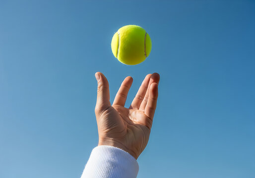Person throwing a yellow tennis ball into the clear blue sky