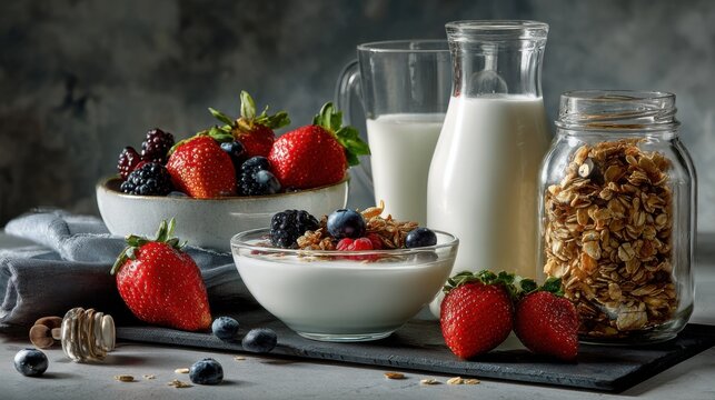 Healthy breakfast scene with yogurt berries and oats in a kitchen food photography cozy environment natural lighting