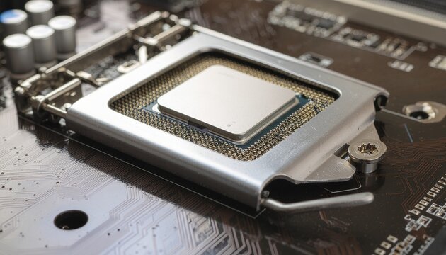 Close-up of CPU Socket and Retention Mechanism on Computer Motherboard with Electronic Circuit Background for Technology and Hardware Design