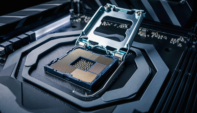 High-Tech Computer CPU Socket with Metallic Retention Arm on Circuit Board Motherboard Background Showcasing Advanced Microchip Technology and Elec...