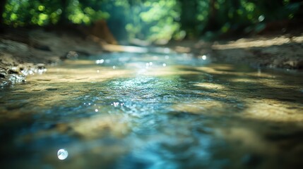 Fototapeta premium Clear water flows gently in a sunlit rural stream with lush green trees bordering the banks