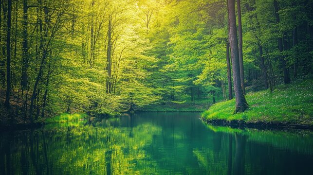 A serene forest lake with vibrant green trees and bright sunlight reflecting on the tranquil water surface