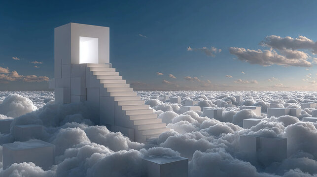 Ambition represented via elevated or stacked items surreal minimalism abstract visualization floating structures symbolic ascent and conceptual striving