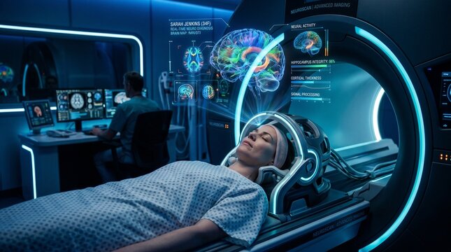 A female patient undergoing an advanced brain scan in a futuristic MRI machine, with a glowing 3D holographic interface showing real-time neurological data, neurodiagnosis, and brain maps