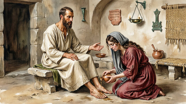 Jesus anointed by sinful woman in sacred biblical art of divine grace.