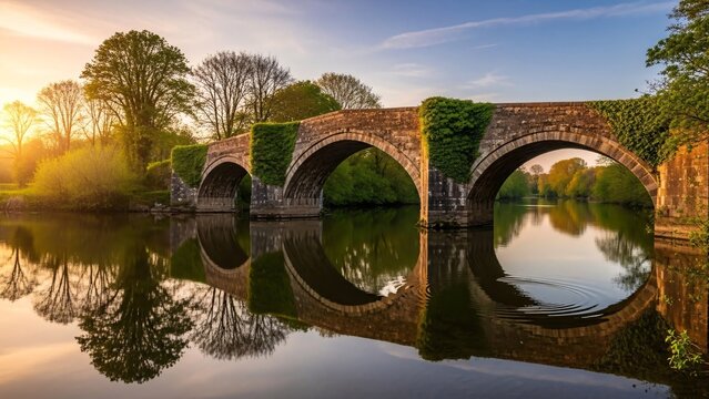 Sunset over stone arch bridge