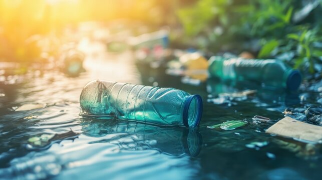 Crushed plastic bottle pollutes a clear mountain stream, highlighting environmental damage from discarded waste