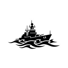 Silhouette of a modern warship sailing on choppy seas. © Shena