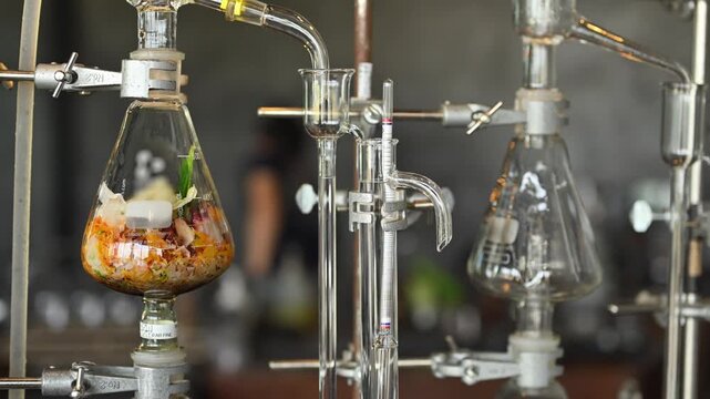 Laboratory Distillation Apparatus with Botanical Ingredients in Glass Erlenmeyer Flask for Essential Oil Extraction