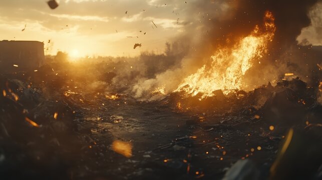 Dramatic sunset over a rural landscape as waste burns, casting an ominous glow and spewing smoke and debris.