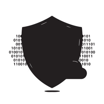 Black shield with binary code in dark silhouette style for cybersecurity