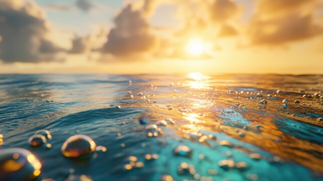 Close up of tranquil ocean water surface shimmering with golden sunlight and air bubbles, showcasing a peaceful natural beauty.